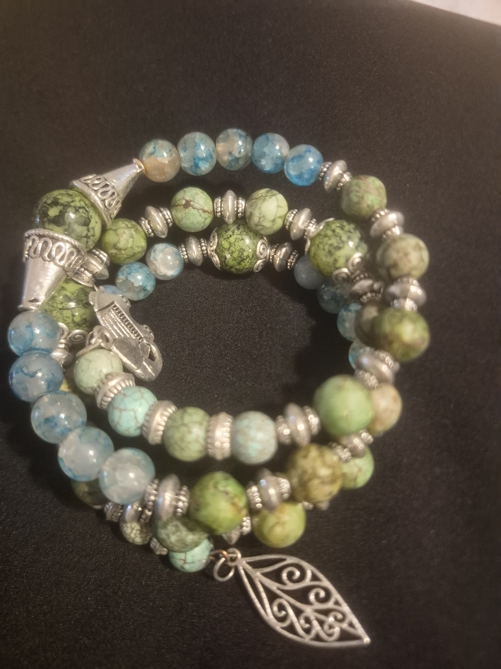 Turquoise & Green Beaded Wrap Bracelet with Silver Leaf Charm